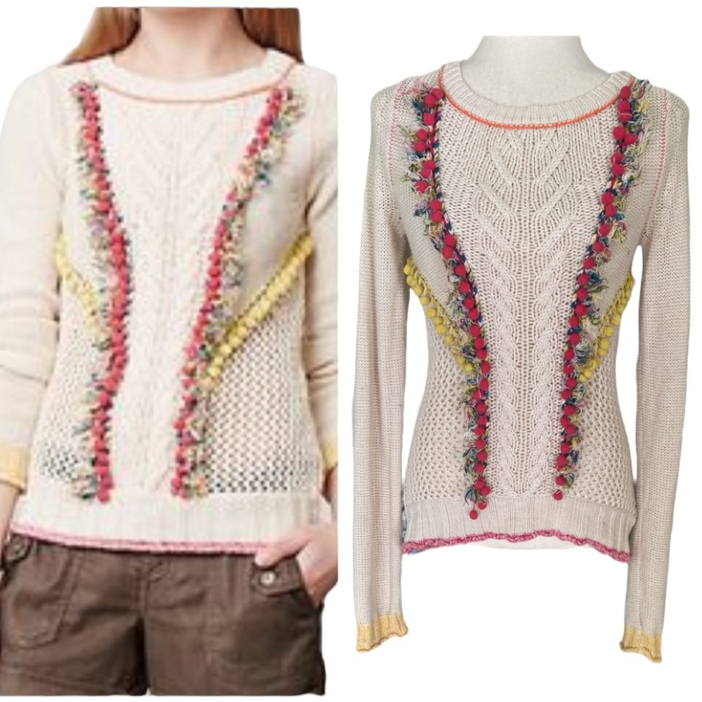 Anthropologie Angels of the North Fringe & Pompom Sweater - S